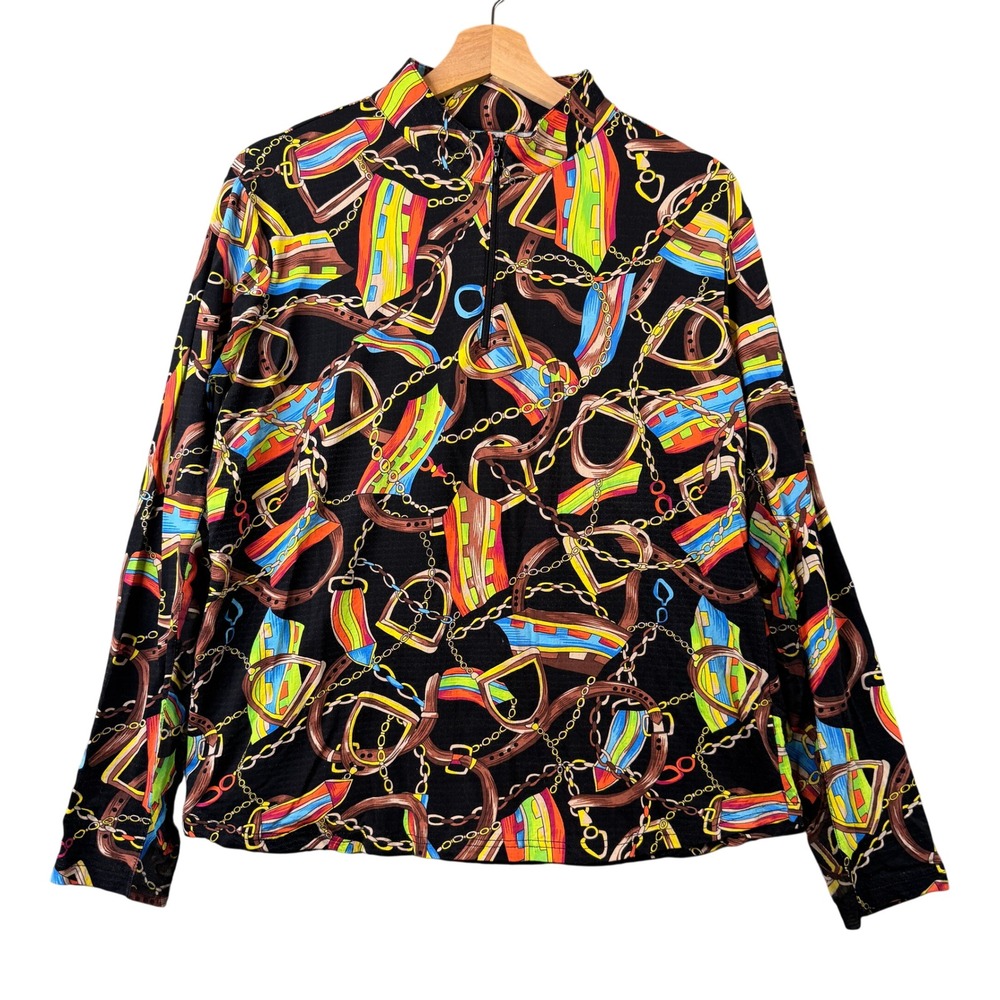 Icikuls Womens Equestrian Chain Stirrup Print 1/4 Zip Pullover Top Black Multi L